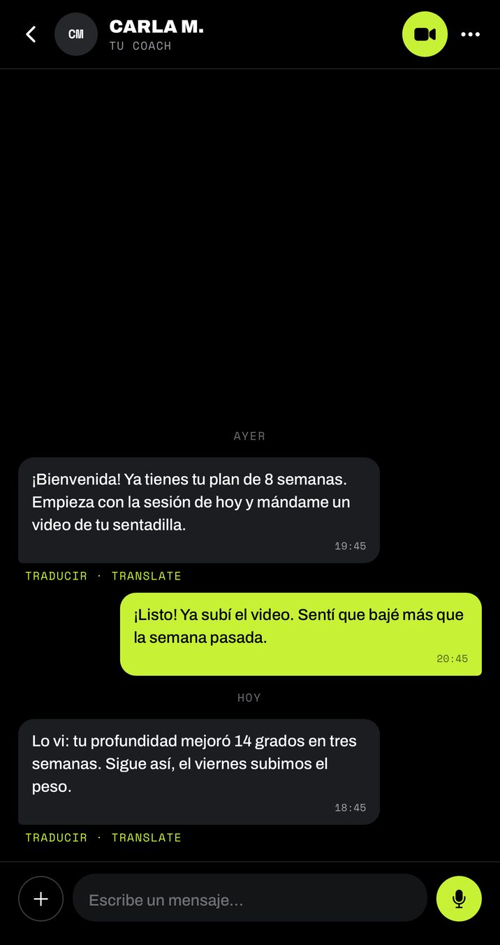 American Iron app — chat with your coach, with a video call button