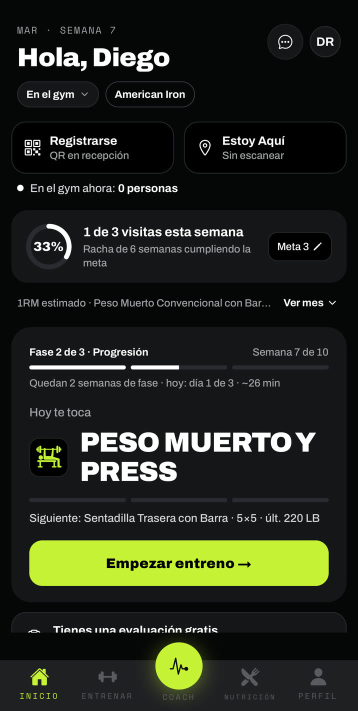 American Iron app — home screen with check-in and today's workout