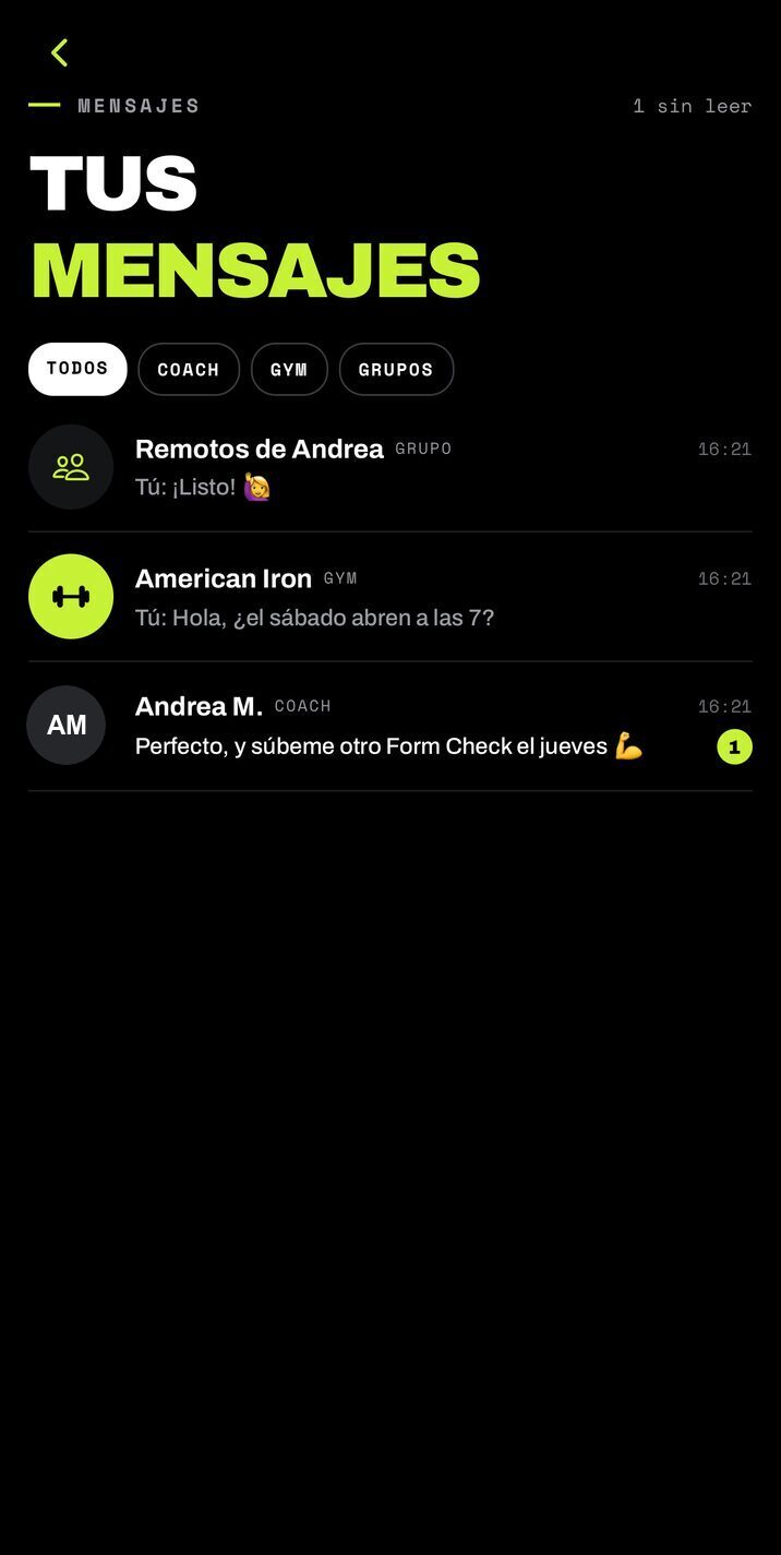 American Iron app — messages with your coach, the gym and your group